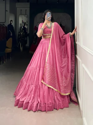 Pink Color Pure Chanderi Plain Navratri Lehenga Choli
