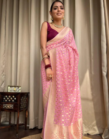 Beautiful Baby Pink Color Banarasi Jacquard Weaving Saree